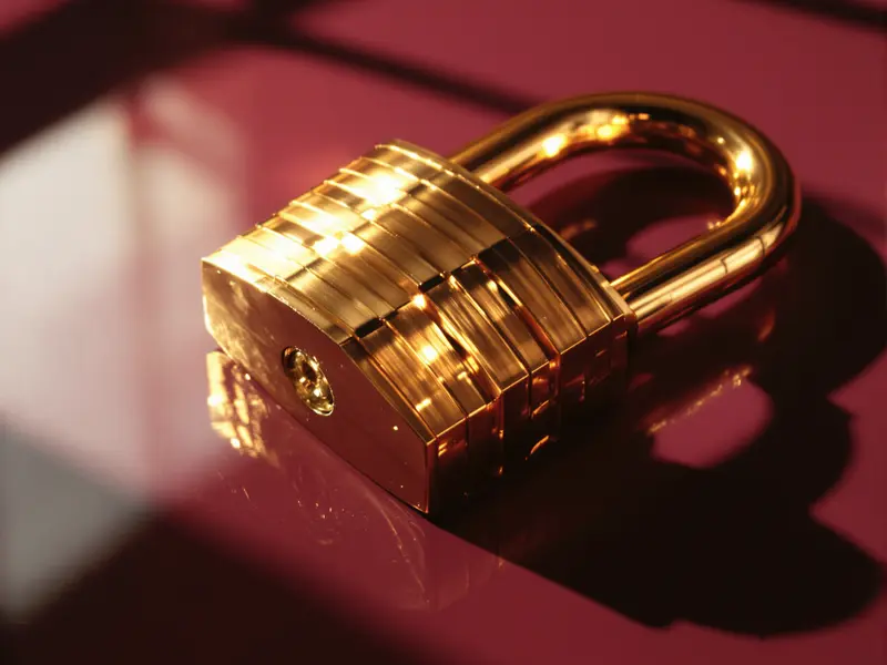 A brass art deco padlock resting on plum lacquer